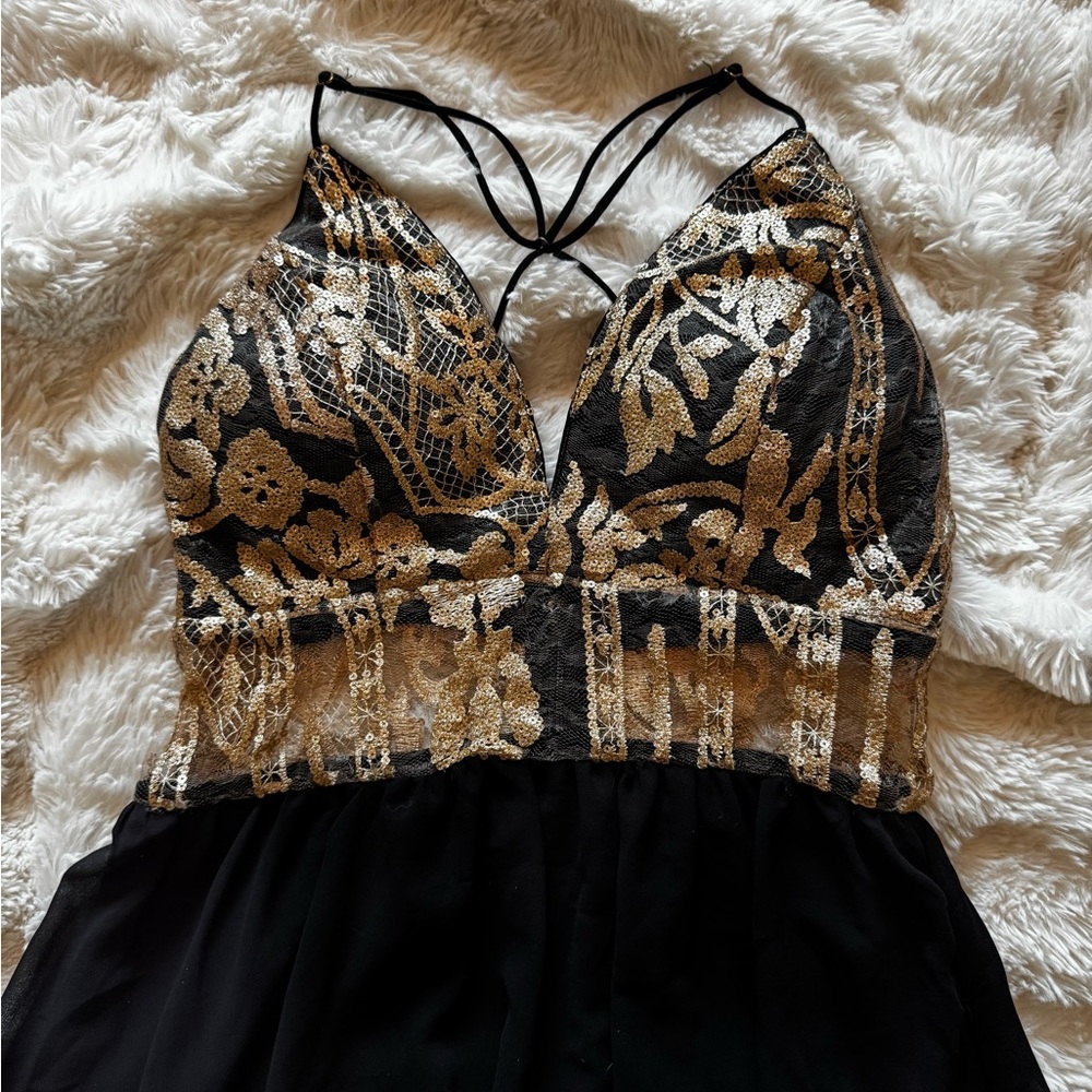 Fashion Nova Gold and Black Halter Gown for Prom